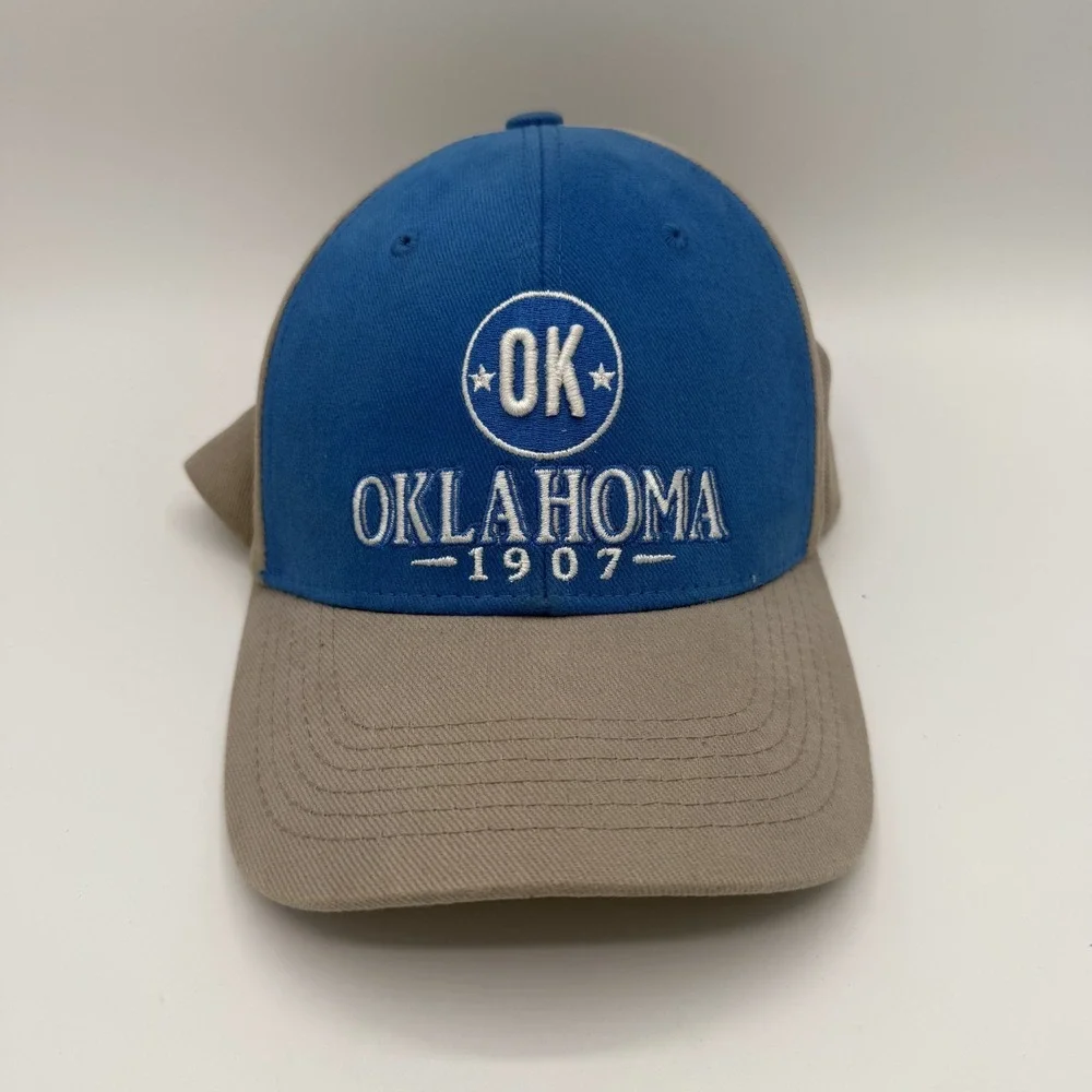 Oklahoma 1907 embroidered trucker hat Captivating OK snapback tan blue cap